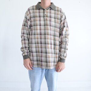 Vintage Field Gear 100% Cotton Cream Green Plaid Tartan Button Collar Rugby Polo